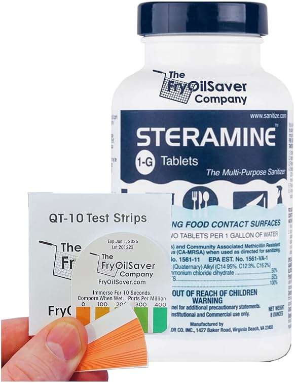 1 Bottle Steramine Sanitizer Tablets w/15x QT-10 Test Strips - Multi Purpose Steramine Sanitizing Tablets for Food Contact Surface, Kitchen, Restaurant, Food Service by FryOilSaver (150 Count) - Image 1
