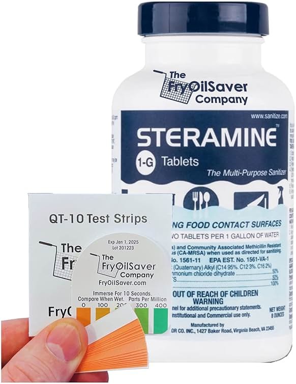 1 Bottle Steramine Sanitizer Tablets w/15x QT-10 Test Strips - Multi Purpose Steramine Sanitizing Tablets for Food Contact Surface, Kitchen, Restaurant, Food Service by FryOilSaver (150 Count) - Product Image
