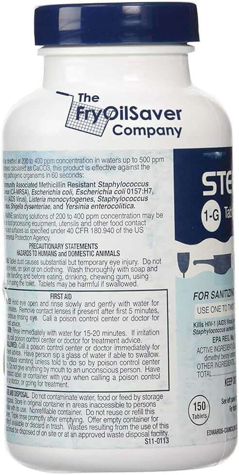 1 Bottle Steramine Sanitizer Tablets w/15x QT-10 Test Strips - Multi Purpose Steramine Sanitizing Tablets for Food Contact Surface, Kitchen, Restaurant, Food Service by FryOilSaver (150 Count) - Image 2