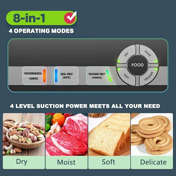 POTANE Precision Vacuum Sealer Machine, Powerful Pro Vacuum Food Sealer, 8-in-1 Easy Presets, 4 Food Modes, Dry&Moist&Soft&Delicate with Starter Kit, Compact Design(Silver) - Image 3