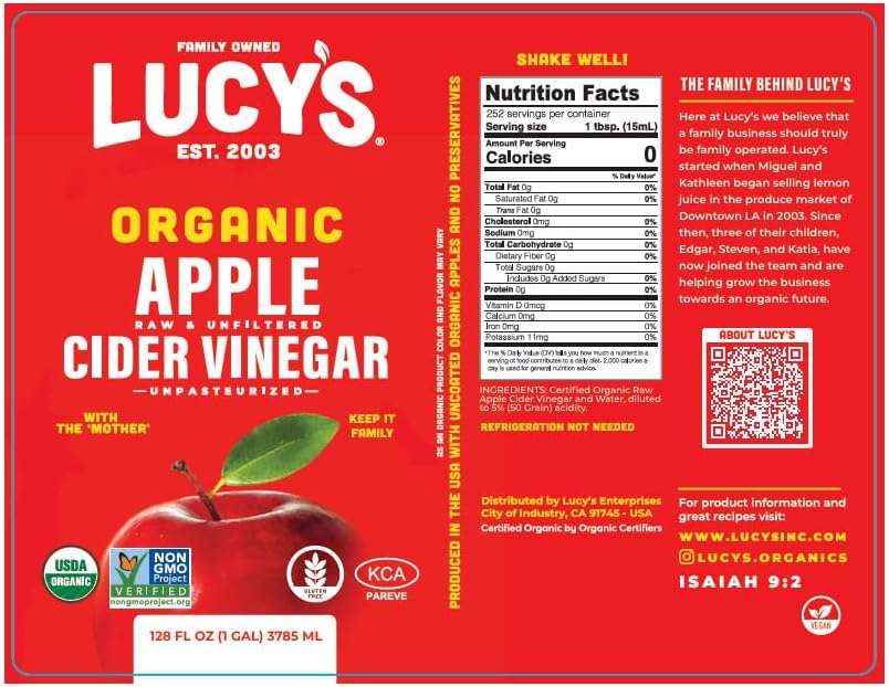 Lucy's Family Owned - USDA Organic NonGMO Raw Apple Cider Vinegar, Unfiltered, Unpasteurized, With the Mother, (2 Pack Gallon) - Image 3