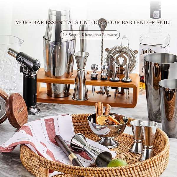 KITESSENSU Cocktail Shaker Set Bartender Kit with Stand | Bar Set Drink Mixer Set with All Essential Accessory Tools: Martini Shaker, Jigger, Strainer, Mixer Spoon, Muddler, Liquor Pourers |Silver - Image 6