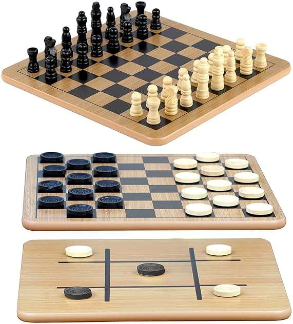 Regal Games - Reversible Wooden Board for Chess, Checkers & Tic-Tac-Toe - 24 Interlocking Wooden Checkers and 32 Standard Chess Pieces - for Age 8 to Adult for Family Fun - Image 1