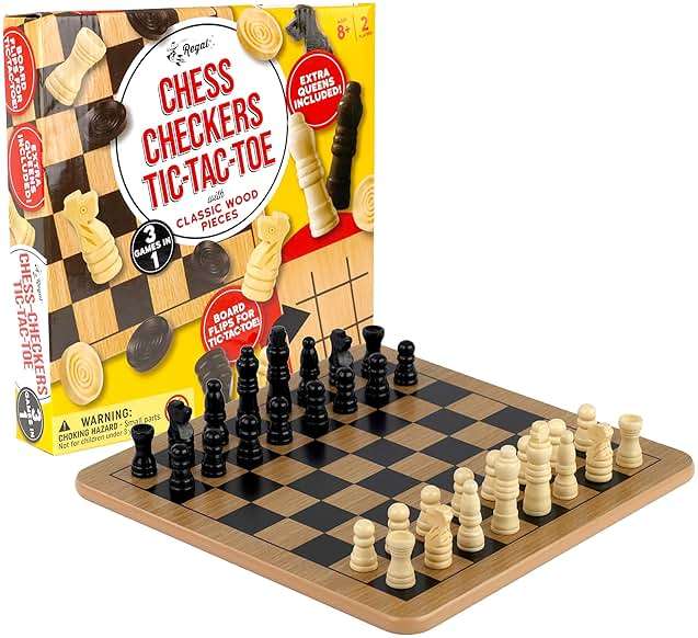 Regal Games - Reversible Wooden Board for Chess, Checkers & Tic-Tac-Toe - 24 Interlocking Wooden Checkers and 32 Standard Chess Pieces - for Age 8 to Adult for Family Fun - Image 2