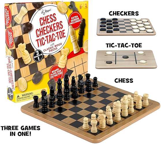 Regal Games - Reversible Wooden Board for Chess, Checkers & Tic-Tac-Toe - 24 Interlocking Wooden Checkers and 32 Standard Chess Pieces - for Age 8 to Adult for Family Fun - Image 3