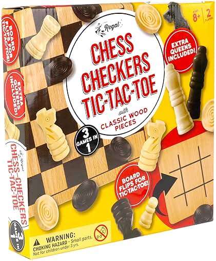 Regal Games - Reversible Wooden Board for Chess, Checkers & Tic-Tac-Toe - 24 Interlocking Wooden Checkers and 32 Standard Chess Pieces - for Age 8 to Adult for Family Fun - Image 4