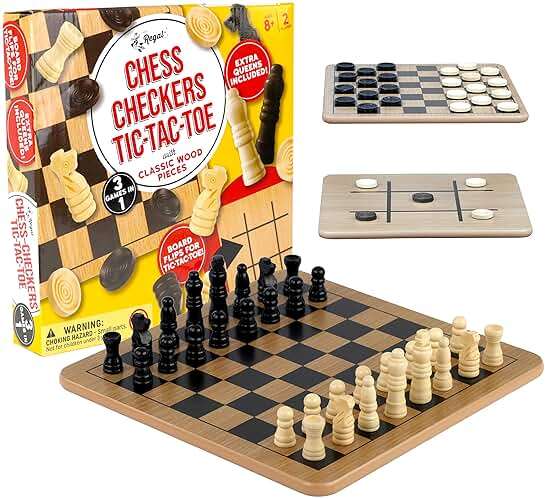 Regal Games - Reversible Wooden Board for Chess, Checkers & Tic-Tac-Toe - 24 Interlocking Wooden Checkers and 32 Standard Chess Pieces - for Age 8 to Adult for Family Fun - Image 7