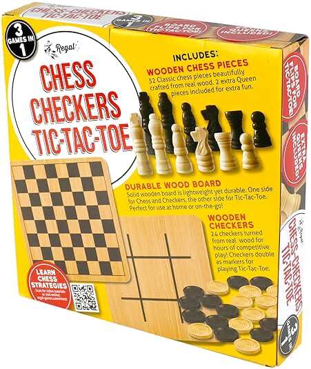 Regal Games - Reversible Wooden Board for Chess, Checkers & Tic-Tac-Toe - 24 Interlocking Wooden Checkers and 32 Standard Chess Pieces - for Age 8 to Adult for Family Fun - Image 8