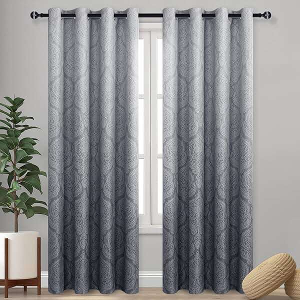 DWCN Ombre Blackout Curtains for Bedroom - Damask Patterned Thermal Insulated Energy Saving Grommet Curtains for Living Room, Set of 2 Panels, 52 x 84 Inch Length, Grey - Image 1