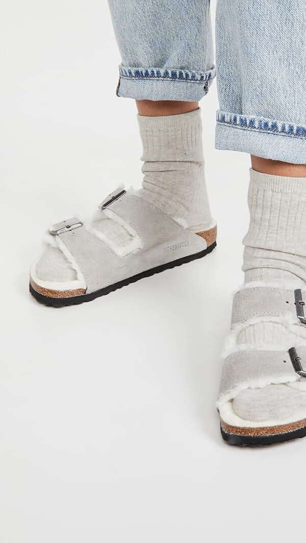 Birkenstock Women's Arizona Shearling Sandals, Stone Coin/Natural, 6 Narrow US - Image 3