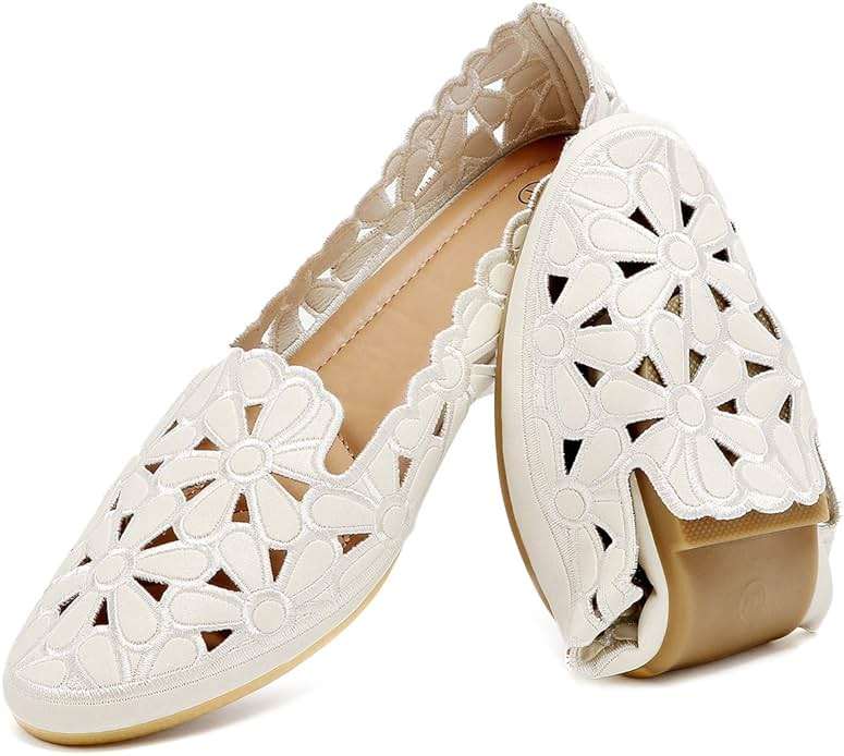 HEAWISH Women's Floral Ballet Flats for Women Black Beige Slip On Flowers PU Leather Round Toe Dress Shoes - Image 1