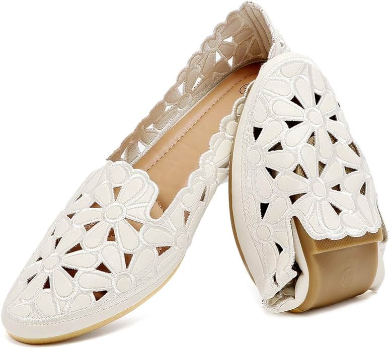HEAWISH Women's Floral Ballet Flats for Women Black Beige Slip On Flowers PU Leather Round Toe Dress Shoes - Product Image