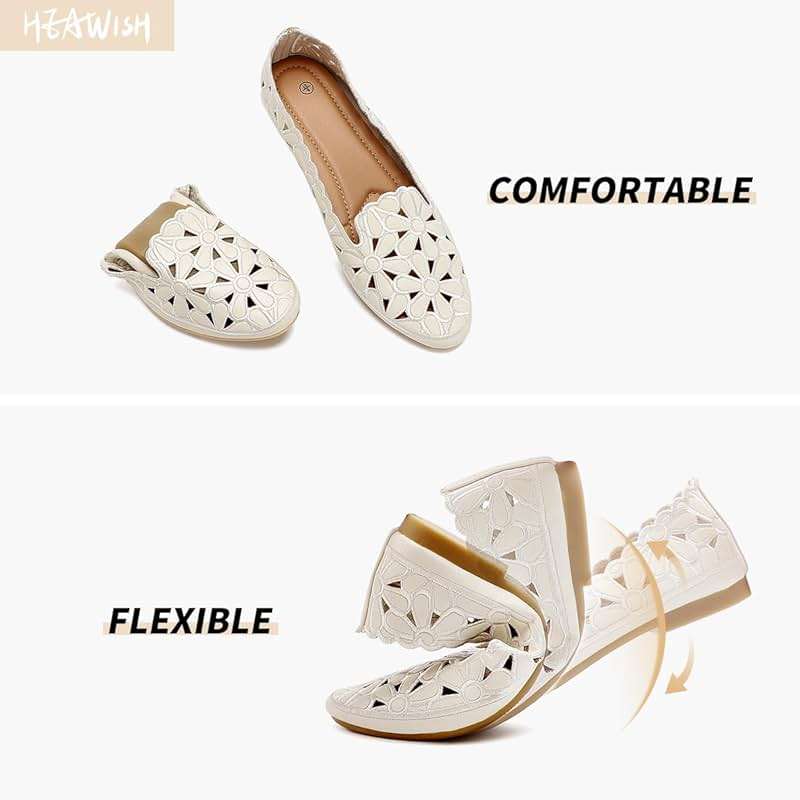 HEAWISH Women's Floral Ballet Flats for Women Black Beige Slip On Flowers PU Leather Round Toe Dress Shoes - Image 3