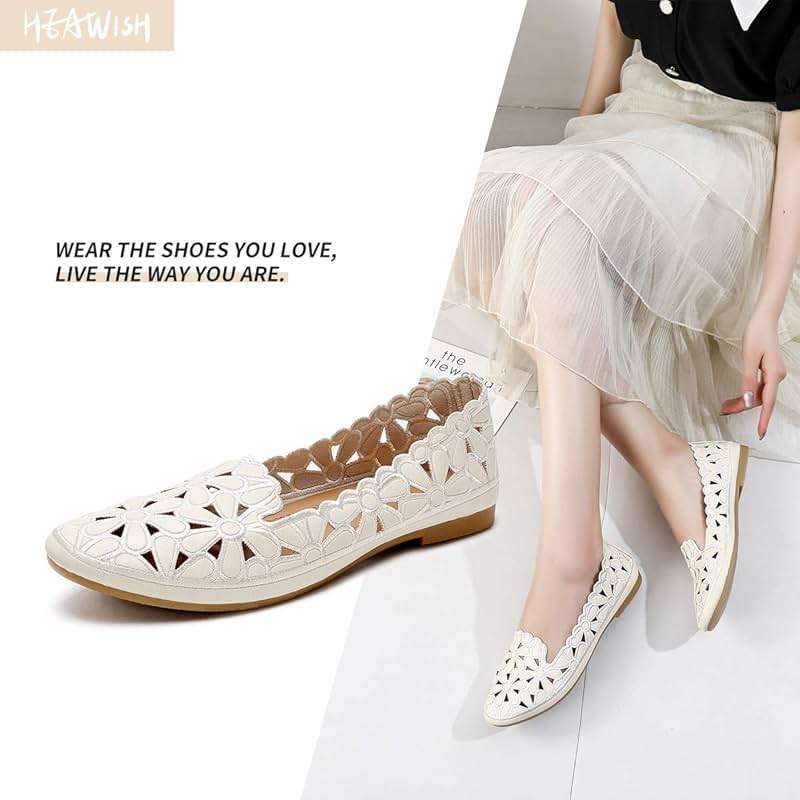 HEAWISH Women's Floral Ballet Flats for Women Black Beige Slip On Flowers PU Leather Round Toe Dress Shoes - Image 7