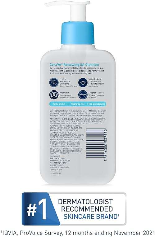 CeraVe Renewing Salicylic Acid Cleanser, Formulated With Hyaluronic Acid, Niacinamide, & Ceramides, Gentle BHA Exfoliating Face Wash Smoothes & Softens Skin, Non Comedogenic & Fragrance Free, 16 Ounce - Image 7