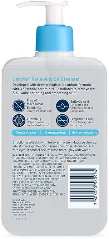 CeraVe Renewing Salicylic Acid Cleanser, Formulated With Hyaluronic Acid, Niacinamide, & Ceramides, Gentle BHA Exfoliating Face Wash Smoothes & Softens Skin, Non Comedogenic & Fragrance Free, 16 Ounce - Image 10