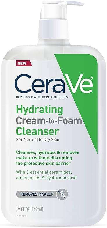 CeraVe Hydrating Cream To Foam Cleanser, Makeup Remover Face Wash For Dry Skin, Foaming Facial Cleanser With Hyaluronic Acid, Normal To Dry Skin, Fragrance Free & Non Comedogenic, 19 Fluid Ounce - Image 1