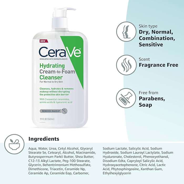 CeraVe Hydrating Cream To Foam Cleanser, Makeup Remover Face Wash For Dry Skin, Foaming Facial Cleanser With Hyaluronic Acid, Normal To Dry Skin, Fragrance Free & Non Comedogenic, 19 Fluid Ounce - Image 12