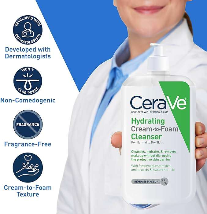 CeraVe Hydrating Cream To Foam Cleanser, Makeup Remover Face Wash For Dry Skin, Foaming Facial Cleanser With Hyaluronic Acid, Normal To Dry Skin, Fragrance Free & Non Comedogenic, 19 Fluid Ounce - Image 4