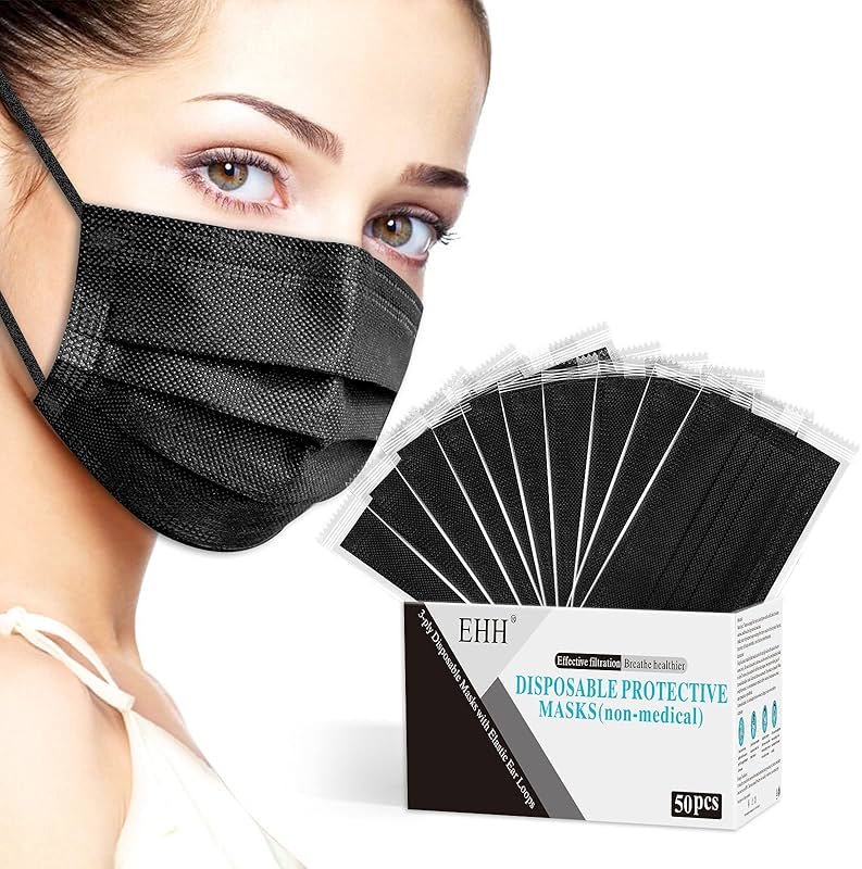 EHH Black Disposable Face Masks, Individually Wrapped, Breathable Face Mask for Men Women, 3- Ply, Comfortable Adult Masks with Adjustable Nose Wire & Elastic Ear Loop 50 Pcs, Black - Product Image