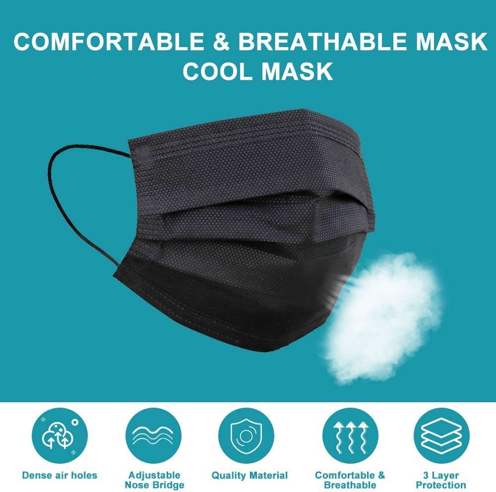 EHH Black Disposable Face Masks, Individually Wrapped, Breathable Face Mask for Men Women, 3- Ply, Comfortable Adult Masks with Adjustable Nose Wire & Elastic Ear Loop 50 Pcs, Black - Image 5