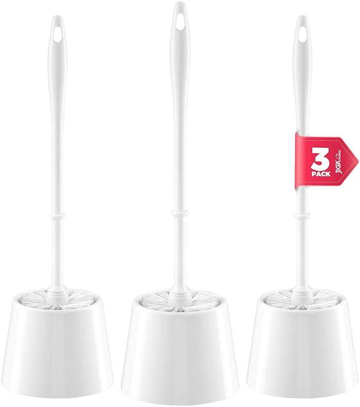 JIGA 3 Pack Toilet Brush and Holder Set, Toilet Bowl Brush with Caddy Bathroom Stiff Bristles Toilet Scrub Brush, White - Image 1