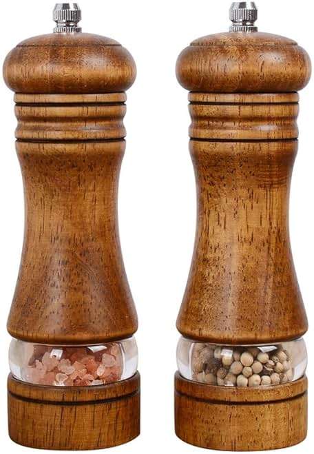 Haomacro Wood Salt and Pepper Grinder Mills Set, Classic Manual Pepper Grinder Salt Grinder Refillable Pepper Mill Sets with Acrylic Visible Window Adjustable Ceramic Grinding Rotor 6.5inch 2 Pack - Image 1