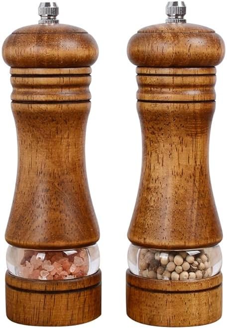 Haomacro Wood Salt and Pepper Grinder Mills Set, Classic Manual Pepper Grinder Salt Grinder Refillable Pepper Mill Sets with Acrylic Visible Window Adjustable Ceramic Grinding Rotor 6.5inch 2 Pack - Product Image