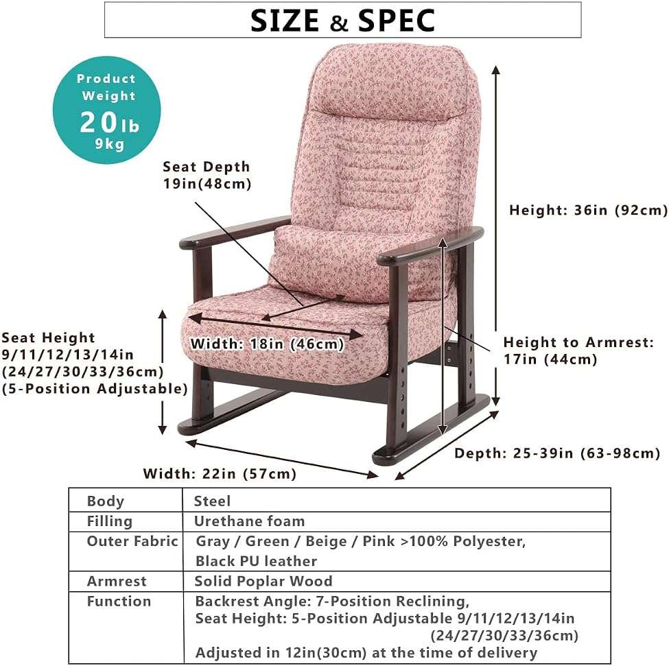 EMOOR KIRAKU Lightweight Adjustable Recliner Chair with Arms (Low-Type) Stand Assist for Elderly, 7-Angle & 5-Height Adjust, No Assembly, Gray - Image 2