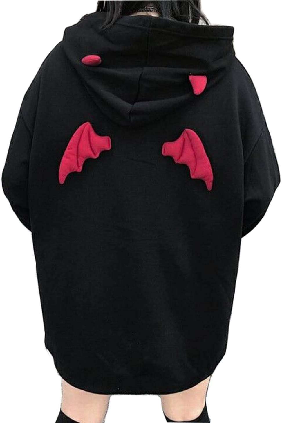 Womens Devil Wings Red Horn Sweatshirt Long Sleeve Hoodie Pullover Hooded Tops - Image 1