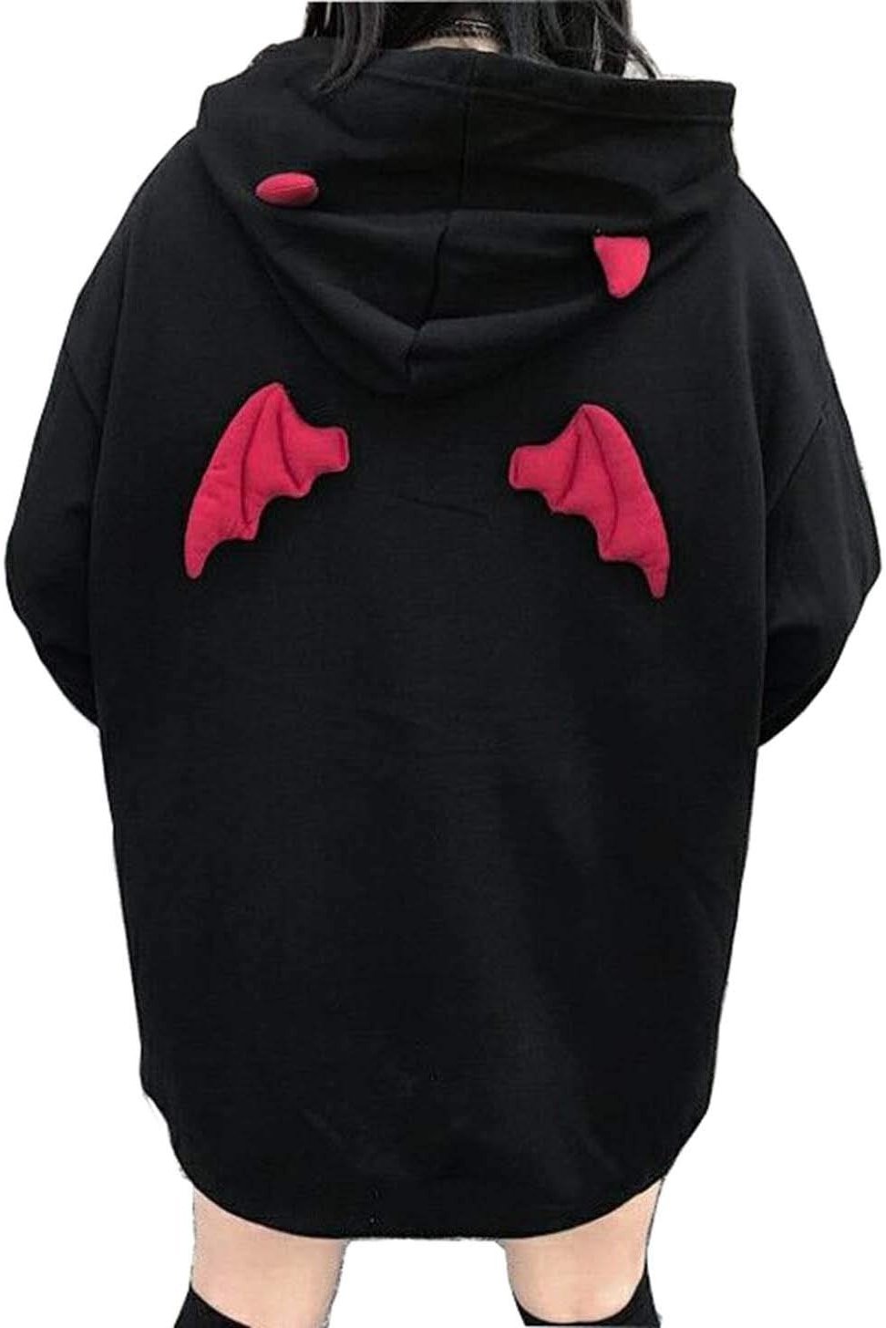 Womens Devil Wings Red Horn Sweatshirt Long Sleeve Hoodie Pullover Hooded Tops - Product Image