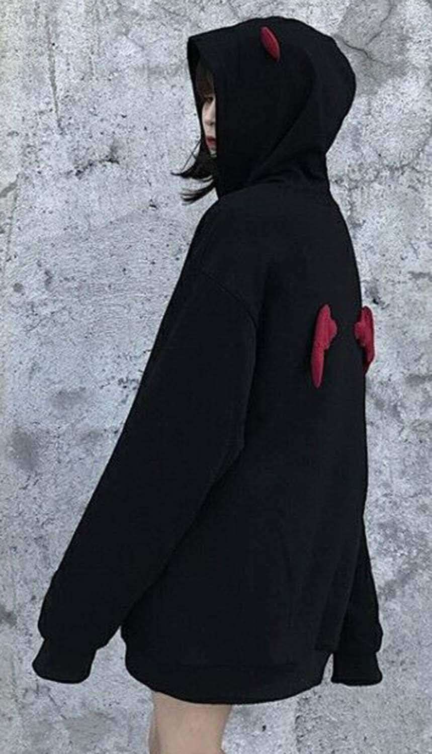 Womens Devil Wings Red Horn Sweatshirt Long Sleeve Hoodie Pullover Hooded Tops - Image 3
