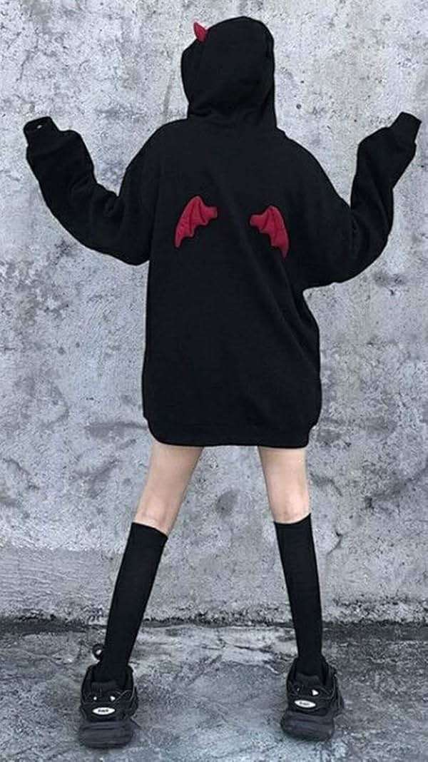 Womens Devil Wings Red Horn Sweatshirt Long Sleeve Hoodie Pullover Hooded Tops - Image 4
