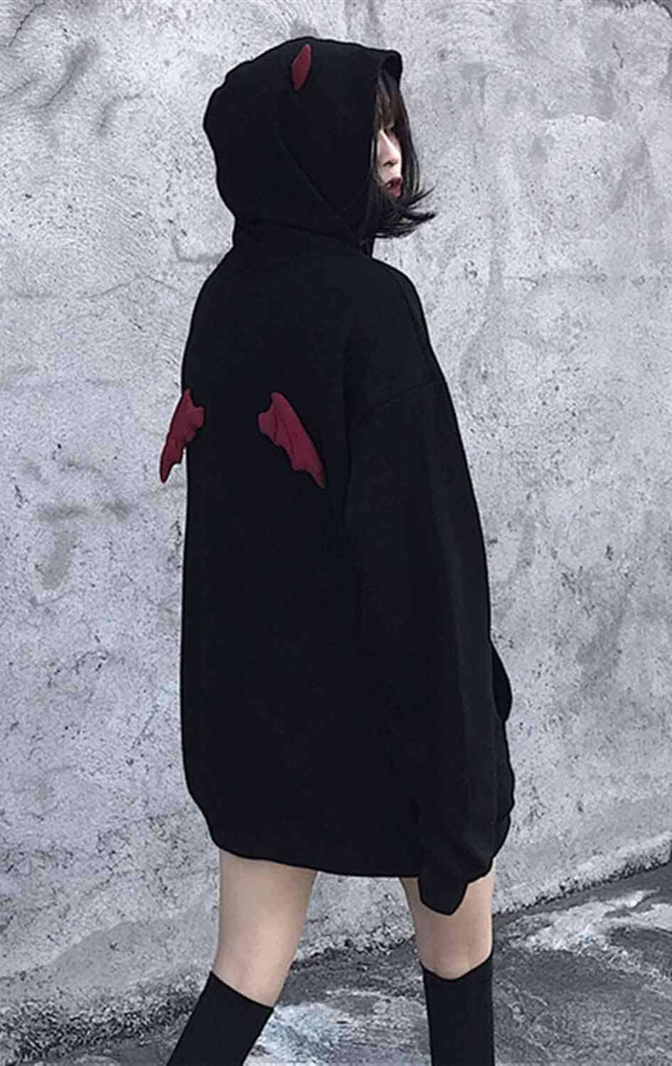 Womens Devil Wings Red Horn Sweatshirt Long Sleeve Hoodie Pullover Hooded Tops - Image 5