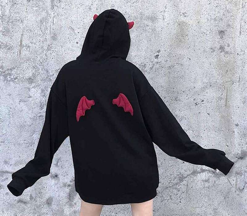 Womens Devil Wings Red Horn Sweatshirt Long Sleeve Hoodie Pullover Hooded Tops - Image 6