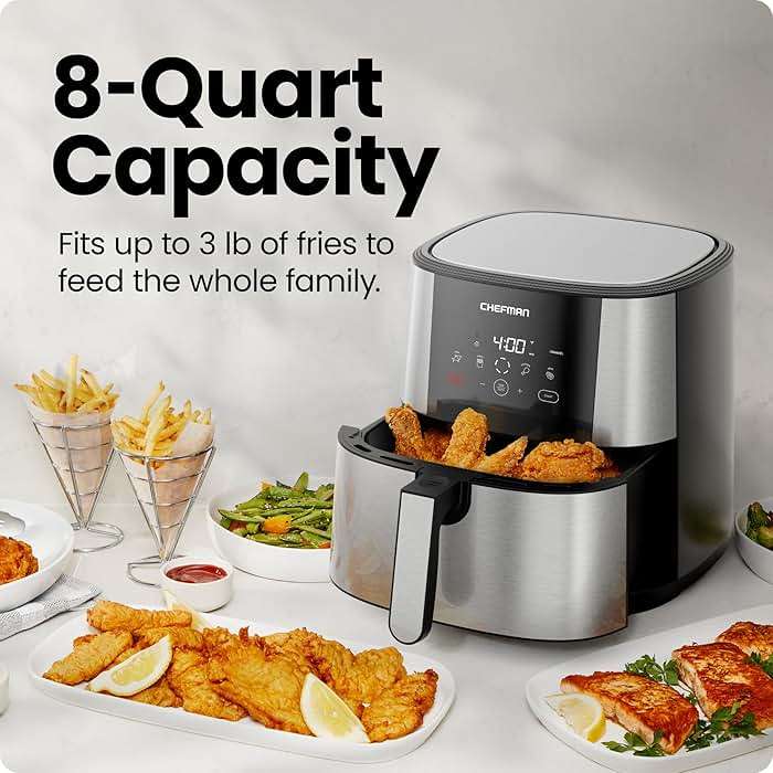 Chefman Air Fryer 8 Qt | TurboFry® 4-in-1 with 450°F Hi-Fry Option for Crispier Results | Bake, Dehydrate, Frozen | XL Nonstick Dishwasher-Safe Basket | Stainless Steel - Image 4