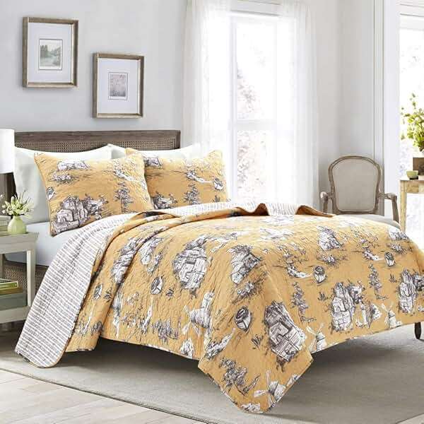 Lush Decor French Country Toile Reversible Cotton Quilt King Size 3 Piece Set Yellow & Gray - Vintage Bedding Set King Quilt - Yellow Quilts - Image 1