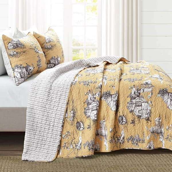 Lush Decor French Country Toile Reversible Cotton Quilt King Size 3 Piece Set Yellow & Gray - Vintage Bedding Set King Quilt - Yellow Quilts - Image 2