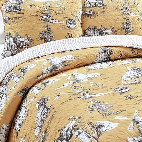 Lush Decor French Country Toile Reversible Cotton Quilt King Size 3 Piece Set Yellow & Gray - Vintage Bedding Set King Quilt - Yellow Quilts - Image 3