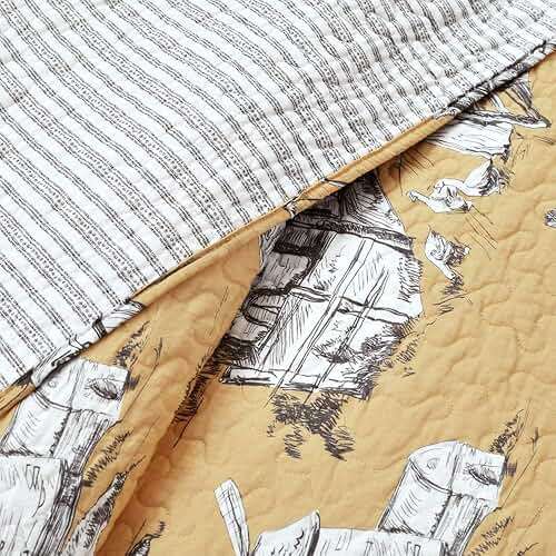 Lush Decor French Country Toile Reversible Cotton Quilt King Size 3 Piece Set Yellow & Gray - Vintage Bedding Set King Quilt - Yellow Quilts - Image 5