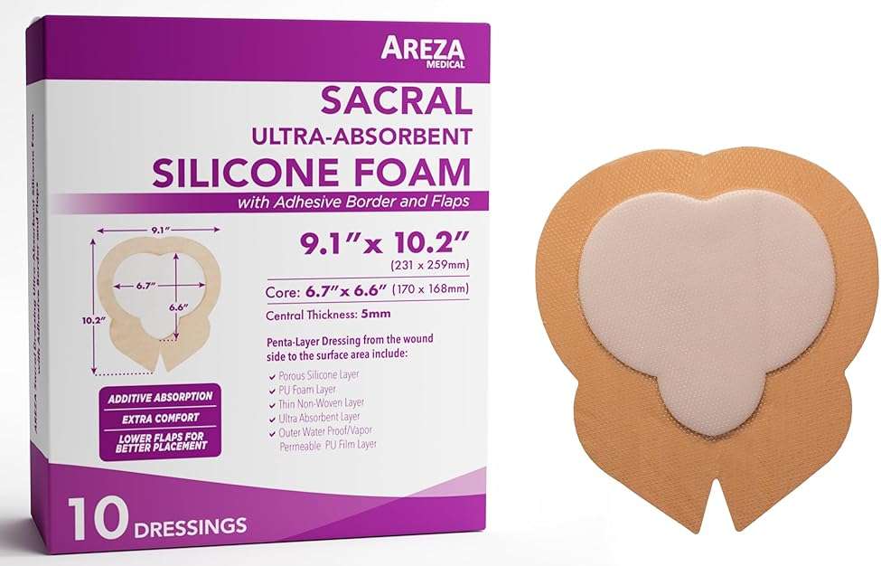 Areza Medical - Silicone Foam with Super-Absorbent Layer - Wound Dressing - Waterproof - with Adhesive Border - Sterile - Designed for Sacral Wounds - 9.1" x 10.2" - 10 PCS per Box - Image 1