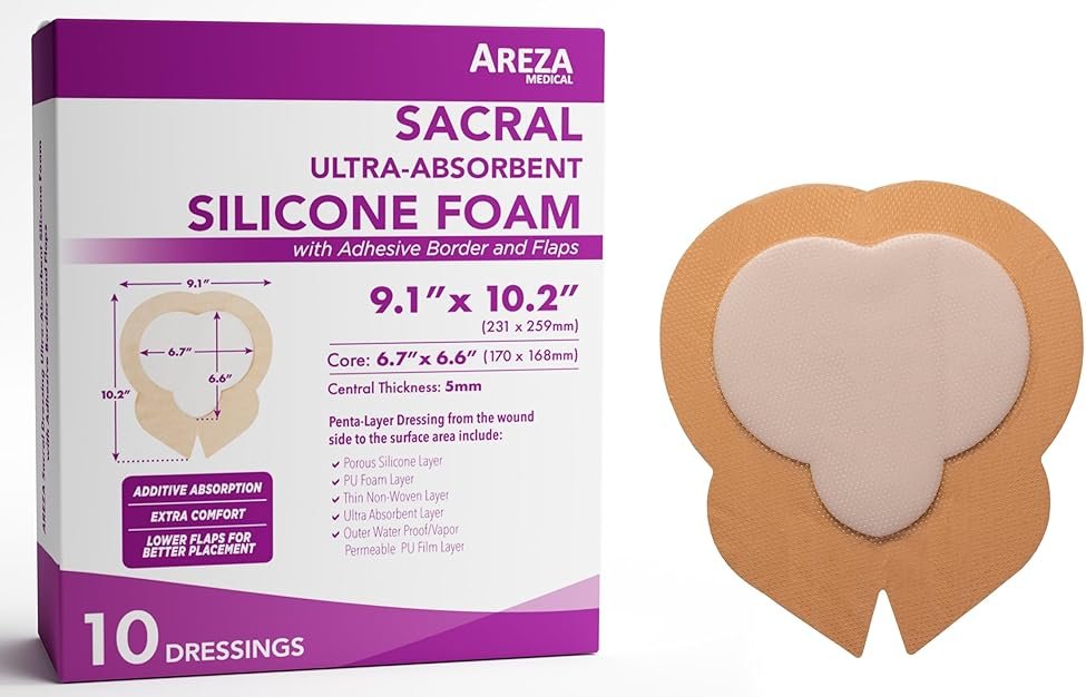 Areza Medical - Silicone Foam with Super-Absorbent Layer - Wound Dressing - Waterproof - with Adhesive Border - Sterile - Designed for Sacral Wounds - 9.1" x 10.2" - 10 PCS per Box - Product Image