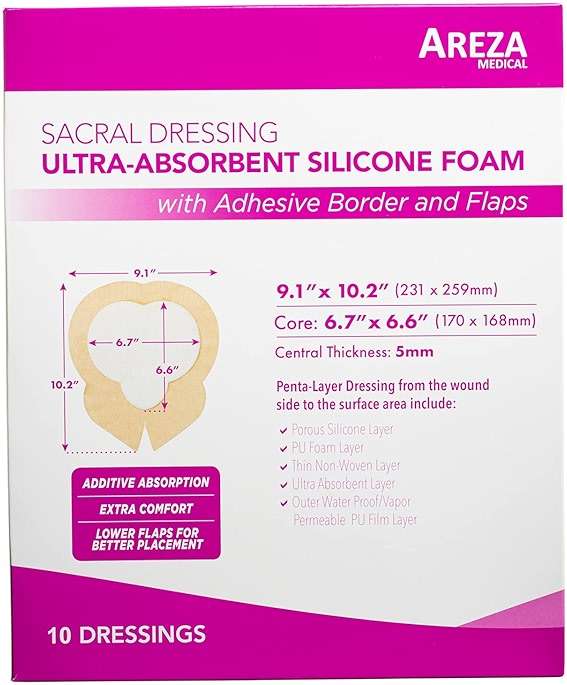 Areza Medical - Silicone Foam with Super-Absorbent Layer - Wound Dressing - Waterproof - with Adhesive Border - Sterile - Designed for Sacral Wounds - 9.1" x 10.2" - 10 PCS per Box - Image 3