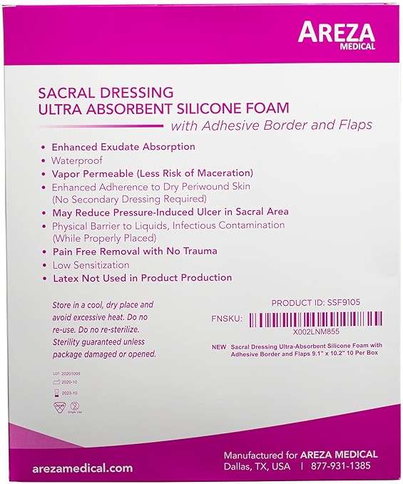 Areza Medical - Silicone Foam with Super-Absorbent Layer - Wound Dressing - Waterproof - with Adhesive Border - Sterile - Designed for Sacral Wounds - 9.1" x 10.2" - 10 PCS per Box - Image 4