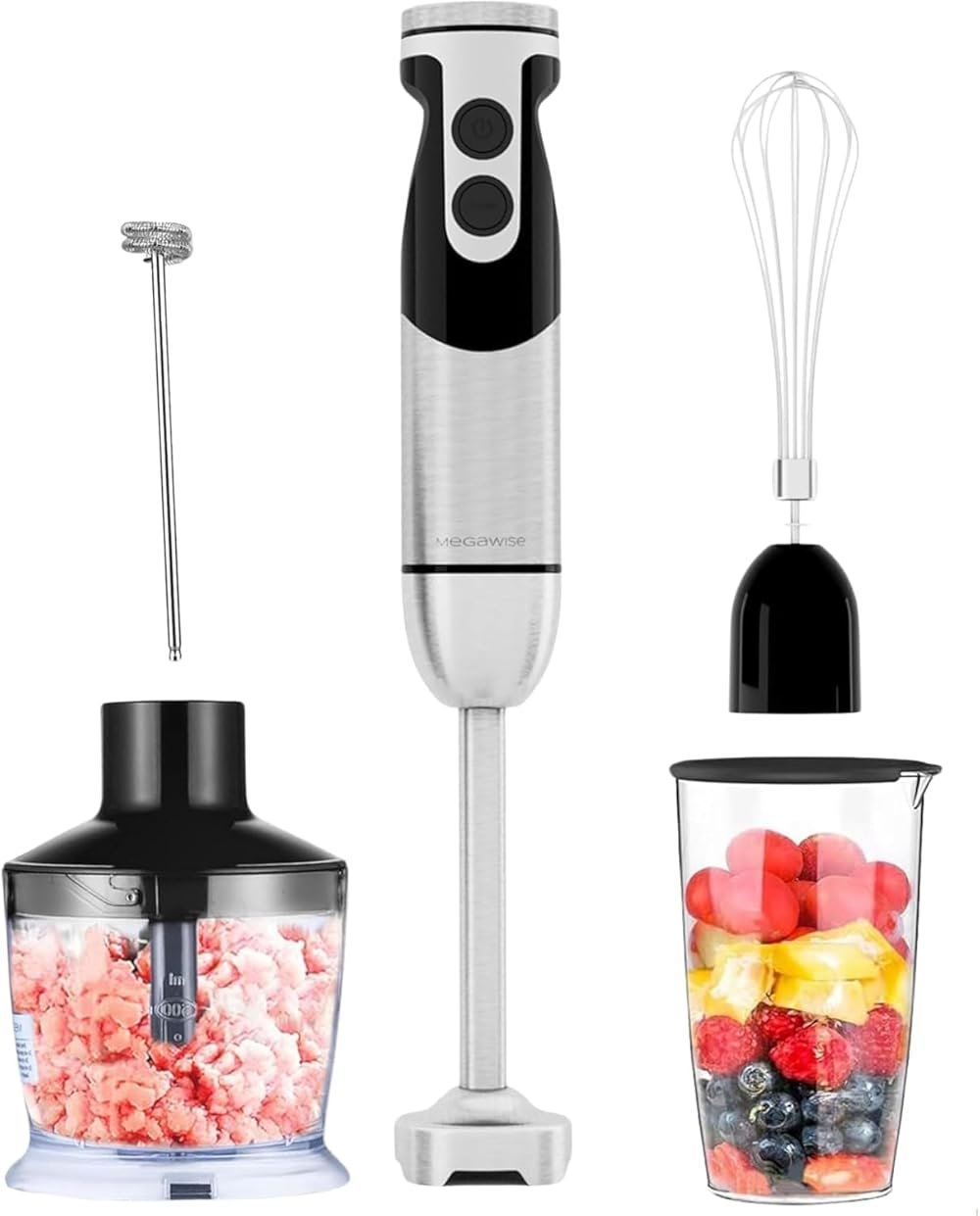 MegaWise Pro Titanium Reinforced 5-in-1 Immersion Hand Blender, Powerful Motor with 80% Sharper Blades, 12-Speed Corded Blender, Including 500ml Chopper, 600ml Beaker, Whisk and Milk Frother (Black) - Product Image