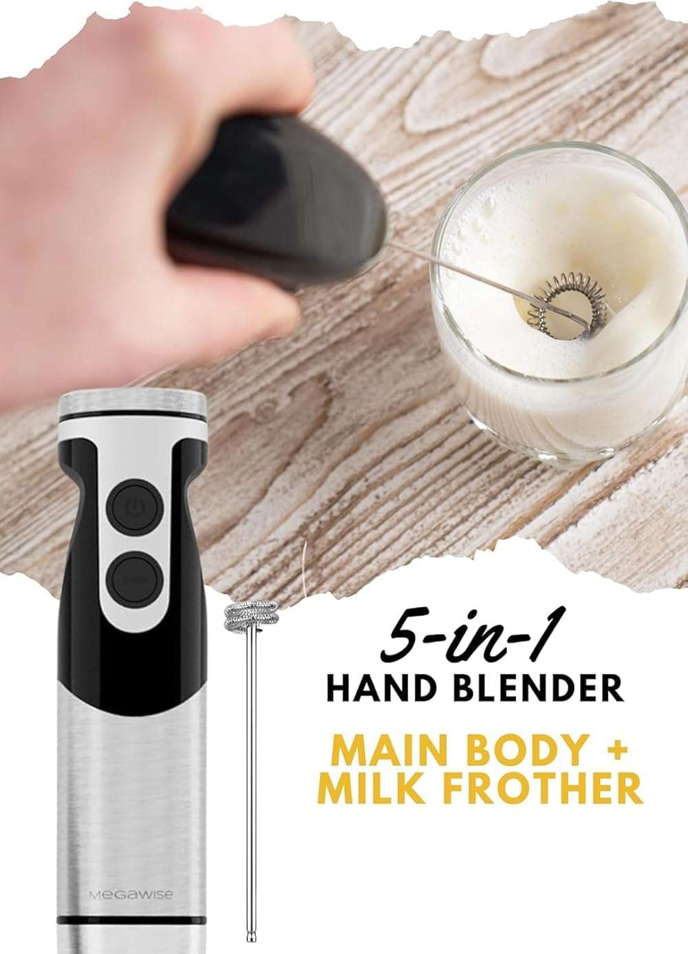 MegaWise Pro Titanium Reinforced 5-in-1 Immersion Hand Blender, Powerful Motor with 80% Sharper Blades, 12-Speed Corded Blender, Including 500ml Chopper, 600ml Beaker, Whisk and Milk Frother (Black) - Image 7