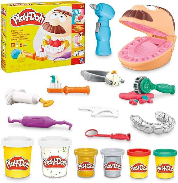 Play-Doh Drill 'n Fill Dentist Toy for Kids 3 Years and Up with Cavity and Metallic Colored Modeling Compound, 10 Tools, 6 Total Cans, 2 Ounces Each, Non-Toxic, Assorted Colors - Image 1