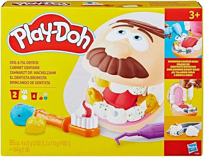 Play-Doh Drill 'n Fill Dentist Toy for Kids 3 Years and Up with Cavity and Metallic Colored Modeling Compound, 10 Tools, 6 Total Cans, 2 Ounces Each, Non-Toxic, Assorted Colors - Image 3