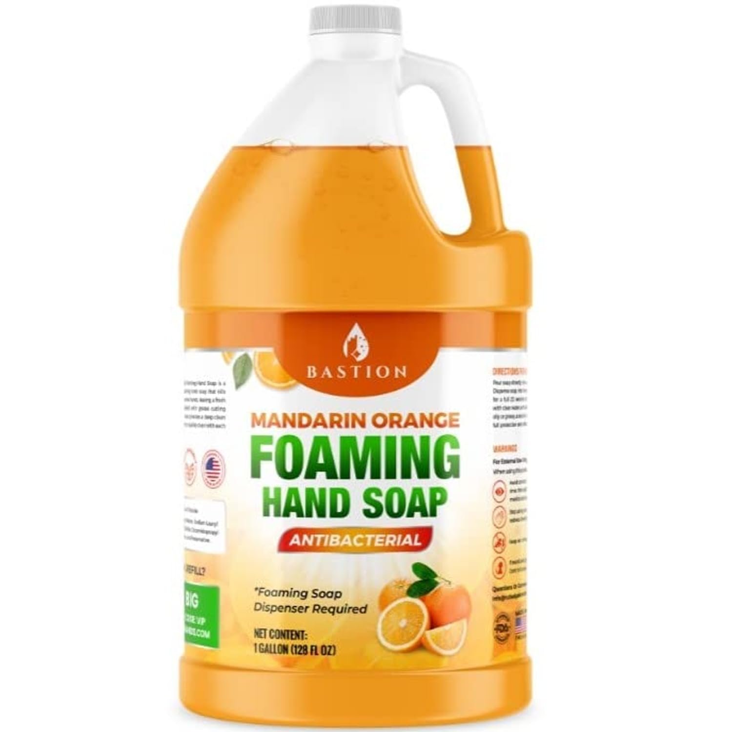 Bastion Foaming Antibacterial Hand Soap: Mandarin Orange Scented Instant Foam Hand Wash Refill 1 Gallon (128 oz) Bulk Jug. Made In The USA - Product Image