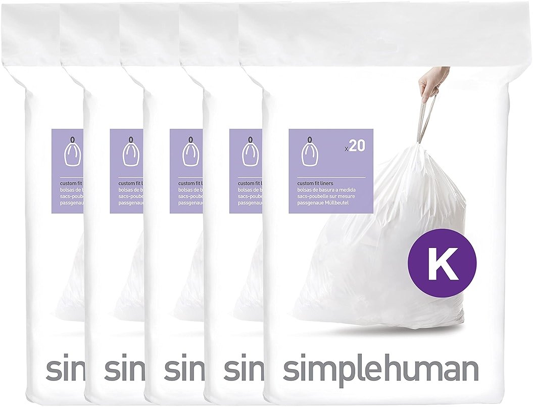 simplehuman Code K 100 Count Custom Fit Liners, Drawstring Kitchen Trash Bags, One-by-One Mess-Free Dispense, Extra Thick & Double Seamed, 50% PCR Plastic, 30-45 Liter / 8-12 Gallon, White - Product Image
